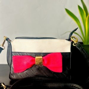 Betsey Johnson Black White Color Block Handbag Purse Red Bow Floral Lining